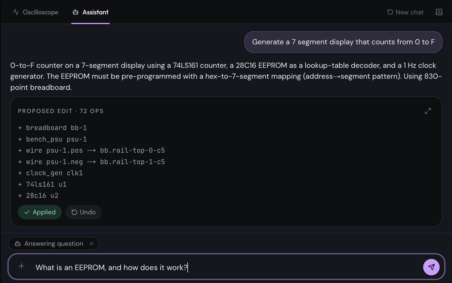 The DEVOLT assistant proposing a 7-segment counter circuit as a reviewable edit.