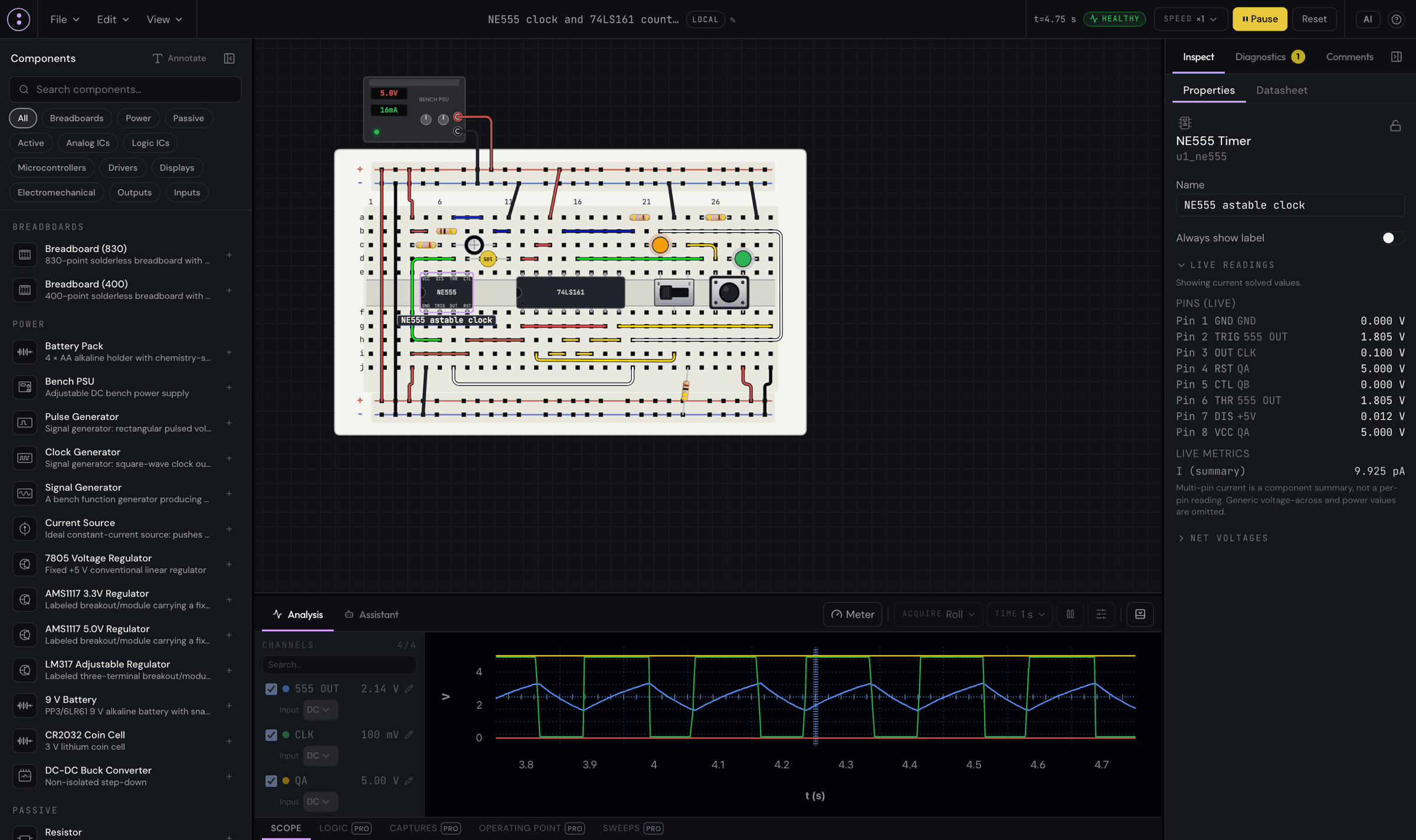 The de:volt editor running an NE555 chaser circuit: parts palette on the left, breadboard canvas with a selected NE555 showing live pin voltages in the inspector, a four-channel oscilloscope reading the clock and counter nets, and the AI assistant tab beside the analysis rail.