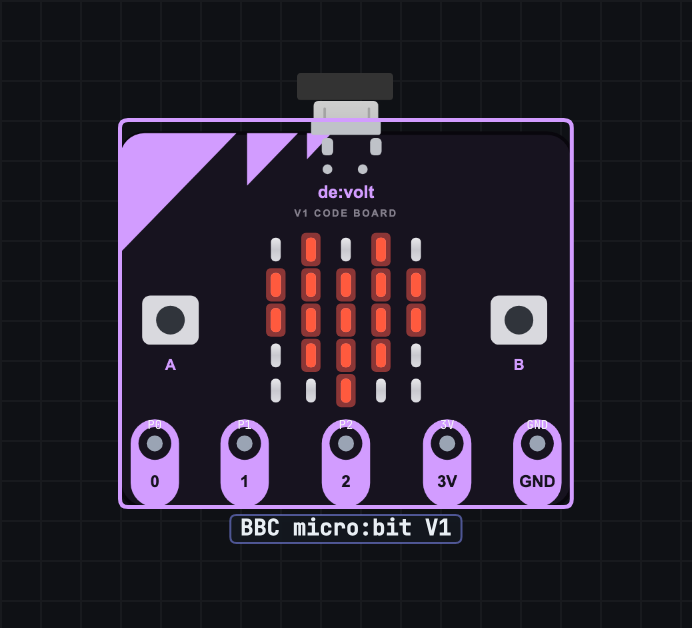 The simulated micro:bit V1 showing a heart on its LED matrix